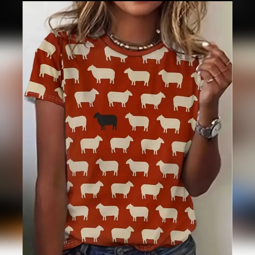 Black Sheep Pattern T-Shirt - Dark Orange, Black Shhep and White Sheep